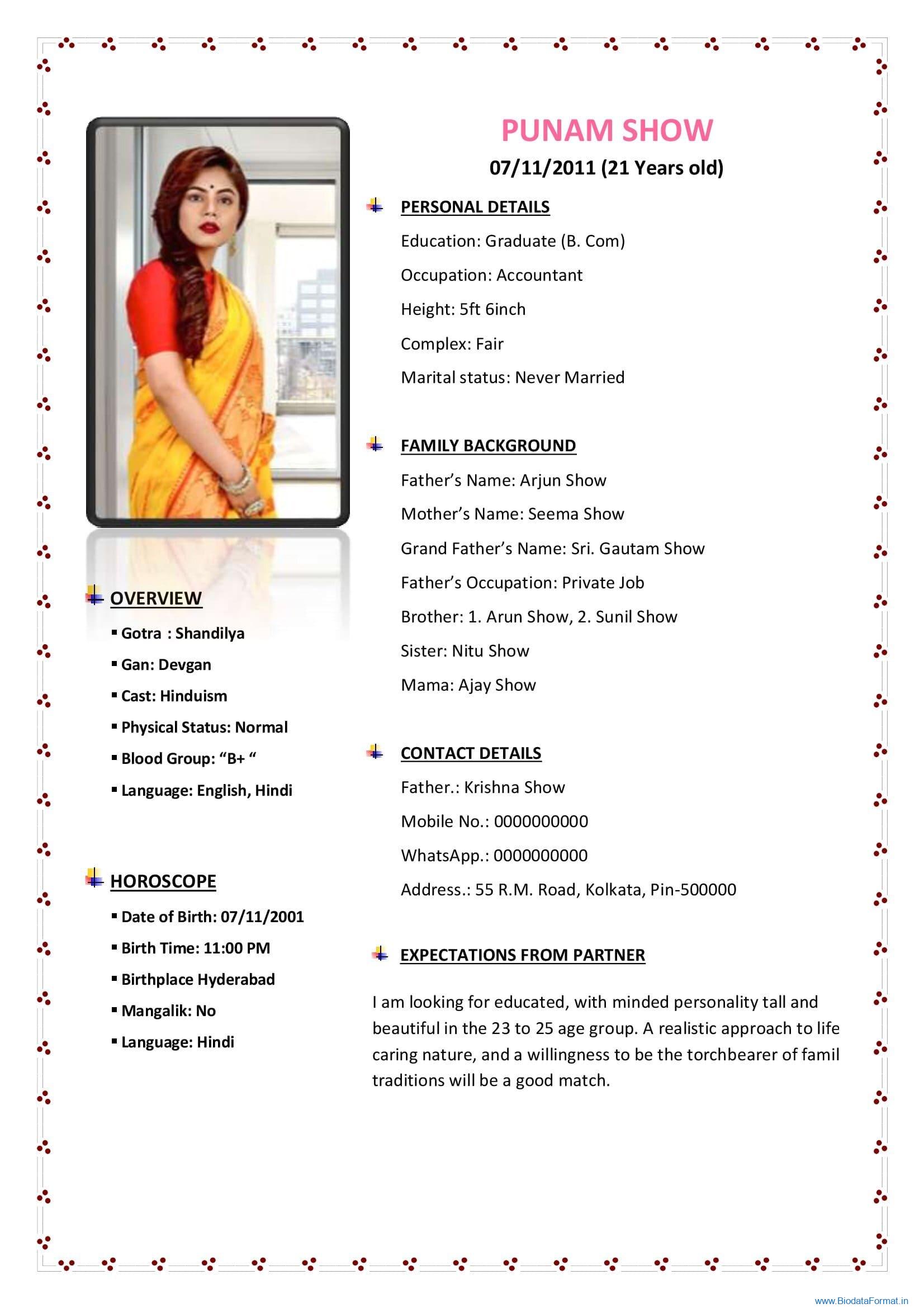 New Marriage Biodata Format For Girls With Big Photo 2690
