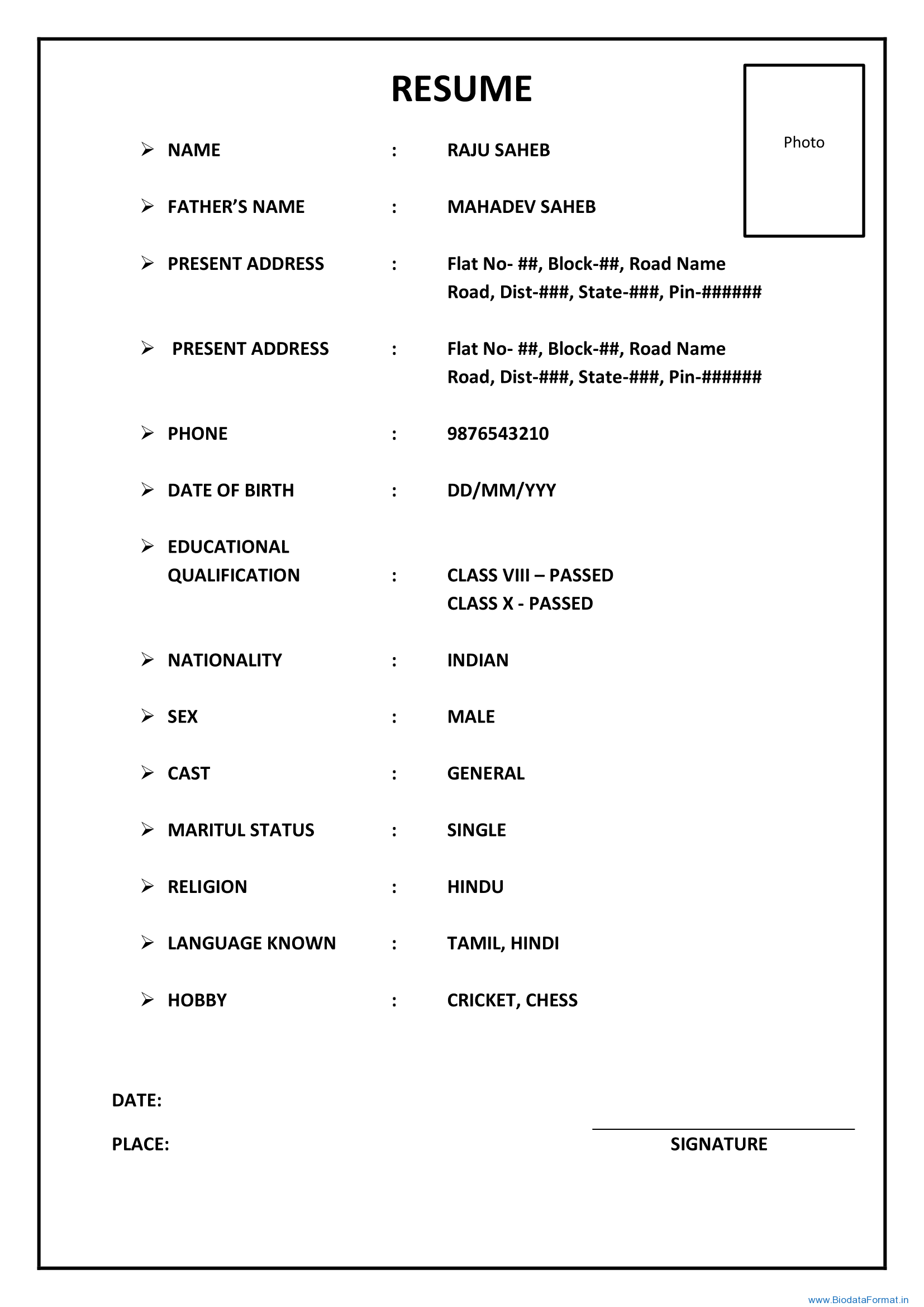 a bio data format