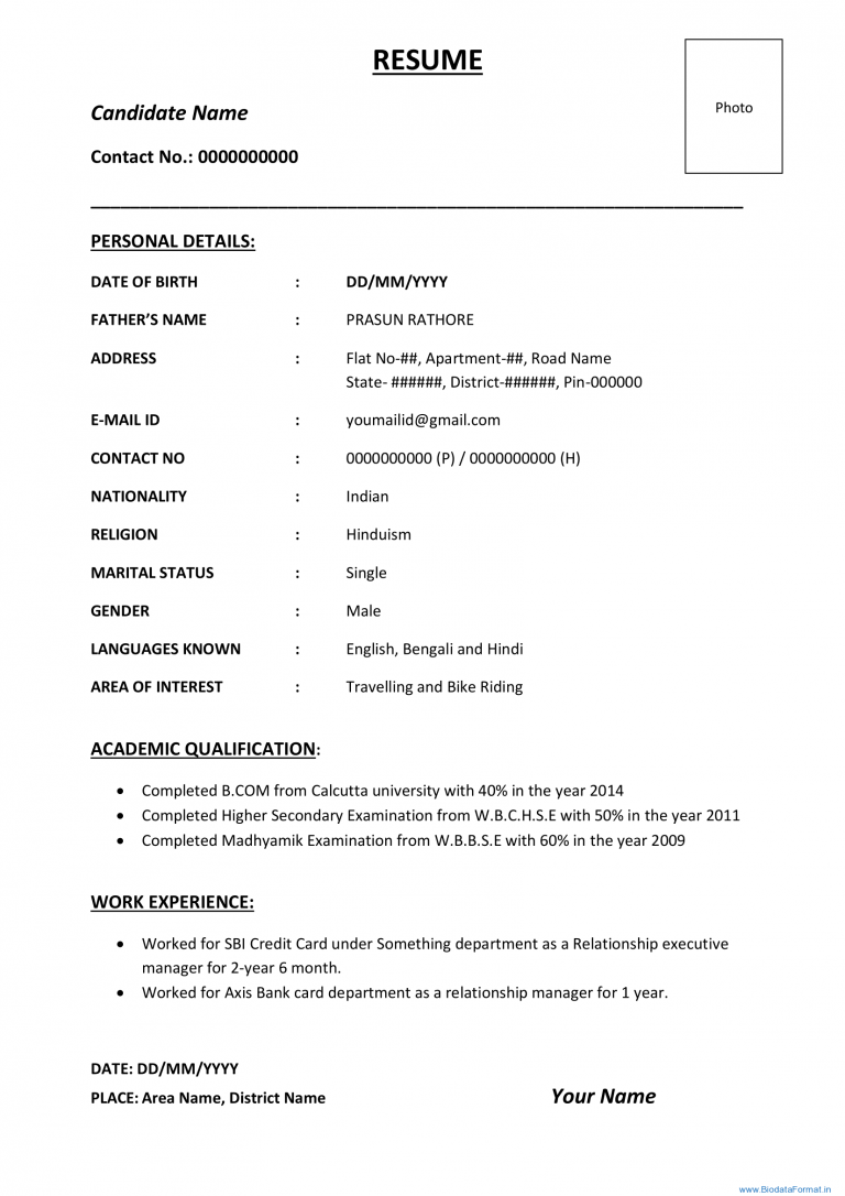 bio data resume format for job