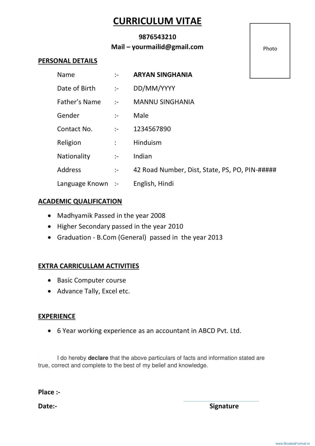 resume format 12th class
