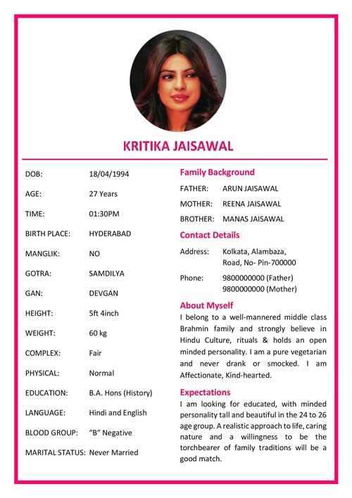 Color marriage biodata format for girl