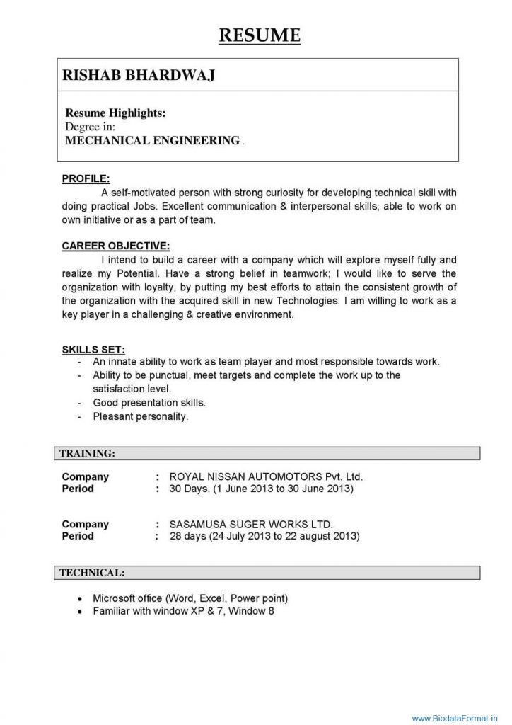 Biodata format for Engineering Student very Simple format