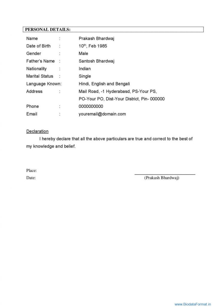 Biodata format for Engineering Student very Simple format