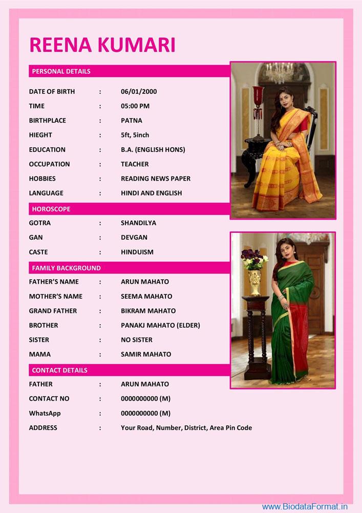 Pink marriage biodata format special for girls in word format