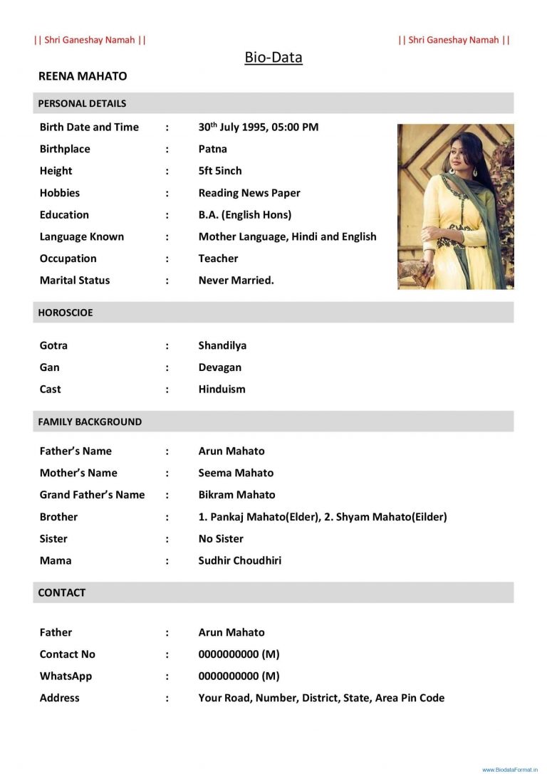 Basic beautiful marriage biodata format in word file - BiodataFormat.in