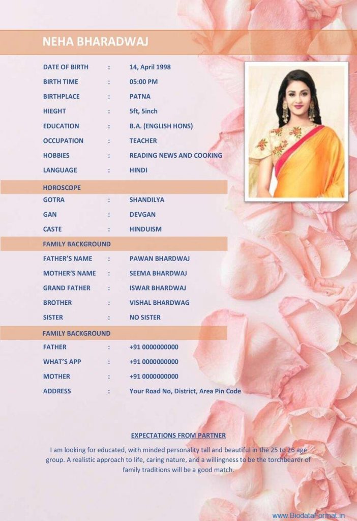 New Colorful Marriage Biodata Format 2022 With Rose Background In Docx Format 3196